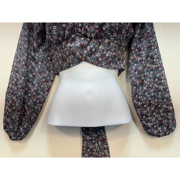 Japna Womens Cropped Long Sleeve Blouse Size S Multiicolor Floral Tie-Back Chic - Picture 4 of 12